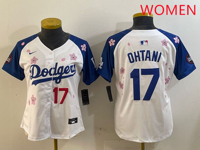 Women Los Angeles Dodgers #17 Ohtani White Blue Sakura Edition 2025 Nike MLB Jersey style 7->women mlb jersey->Women Jersey